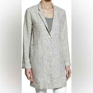 NWT Eileen Fisher slub check organic linen notched collar long blazer jacket
